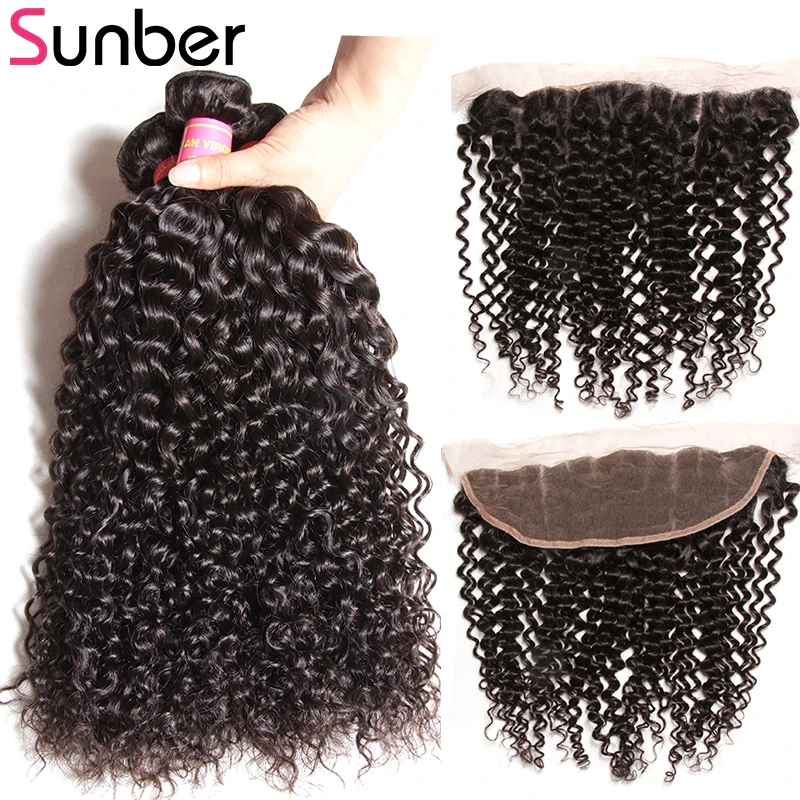 

Sunber Curly Hair Bundles With Frontal Remy Human Hair Weave Brazilian Hair 3 Bundles With Closure 13X4 Frontal Closure