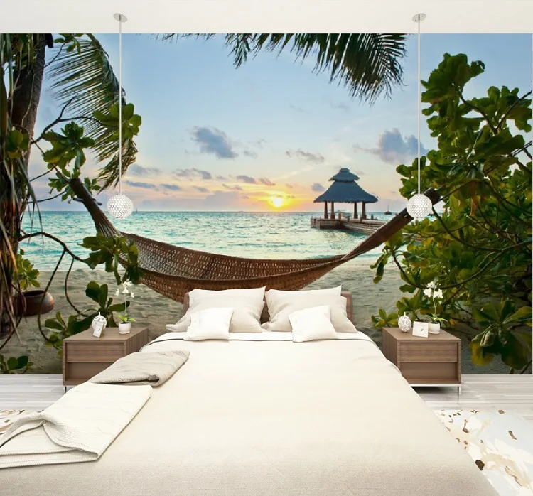 

Custom Size 3D Photo Mural Wall Sticker Hammock On The Beach Removable Wall Papers Self-adhesive Vinyl Art Home Decor