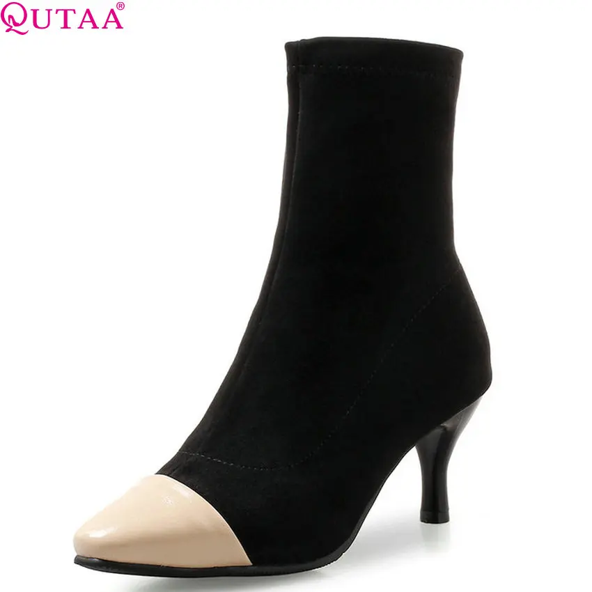 

QUTAA 2019 Winter Shoes Women Mid Calf Boots Sock Boots All Match Platform Thin High Heel Woman Motorcycle Boots Big Size 34-43