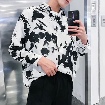 

YASUGUOJI new 2018 autumn fashion black flower print long sleeve shirt men casual loose white male shirt chemise homme CS14
