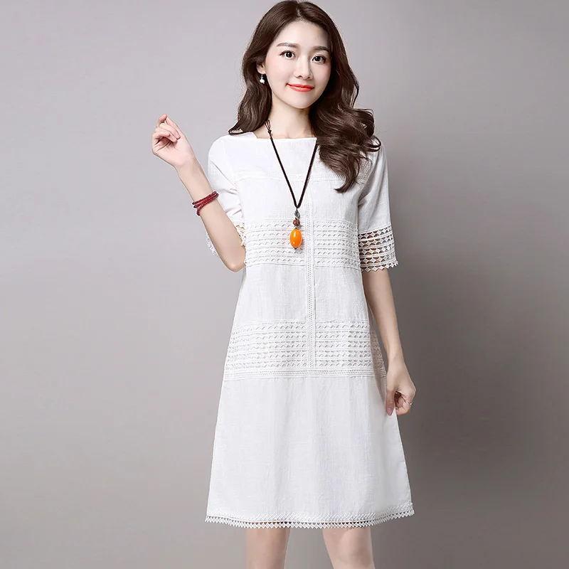 

Plus Size Lace Dress 2018 New Summer Korean Hollow Out A-Line Dress Vintage Elegant Female Dress Cotton And Linen Dresses LQ0016