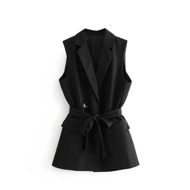 

Cute Office Lady Double Breasted Solid Vest Outerwear Stylish Sleeveless Suit Vests For Woman Belt Slim Gray Black Khaki Coats