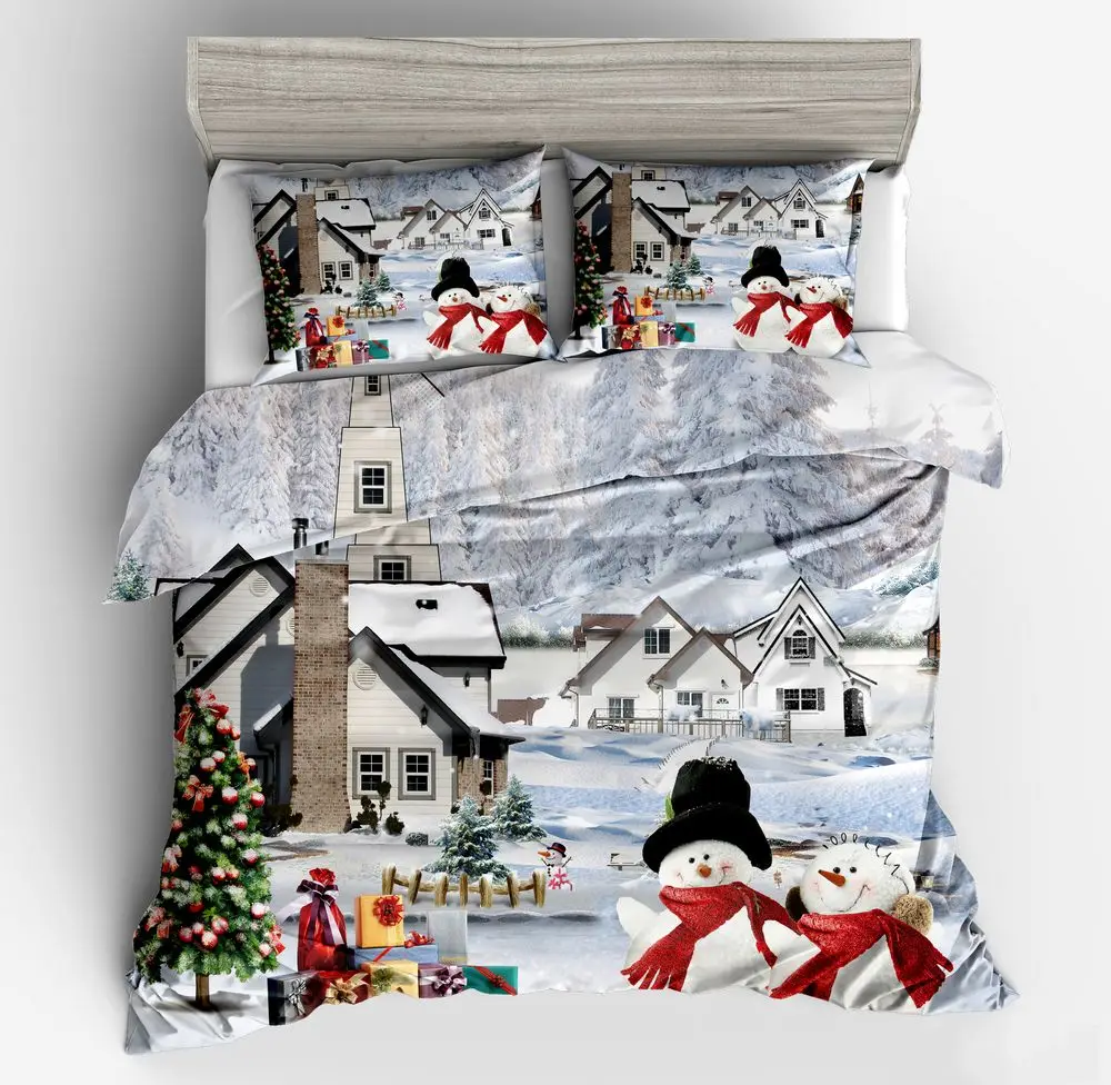 Snow Landscape Duvet Cover Set,Winter Theme Christmas Snowman