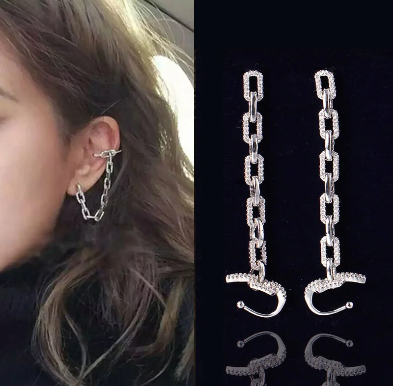 

AAA Quality Fashion Micro Mosaic Premium Zircon Crystals Chain Earrings Silver Color Long Ear Cuff Earrings for Women Jewelry