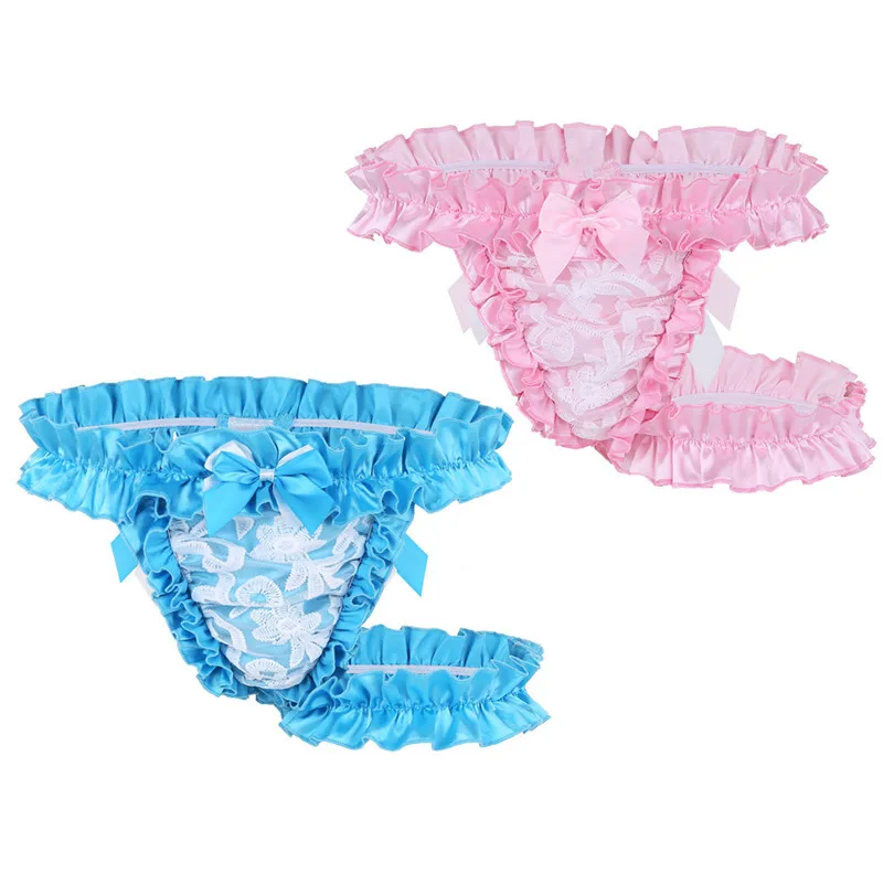 IEFiEL сексуальный Мужское нижнее белье кружевные оборки Атлас Ruffled High Cut Сисси Панталоны трусы нижнее белье трусы с подвязки для чулок