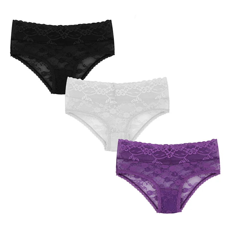 black white purple GAREDOB USA Size Women's Sexy Underwear Lace Thong Sheer Hipster Panty Cotton Briefs Ultra Soft Lacy Trim - Цвет: black white purple
