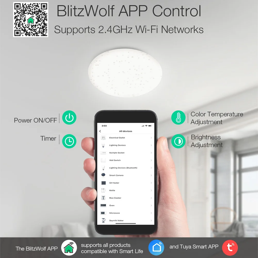 Blitzwolf BW-LT20 24W AC100-240V Smart LED Ceiling Light Mount WiFi APP Remote Control Working with Amazon-Echo for Google Home