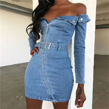 

Sexy women long sleeve denim dress slash neck bodycon robe jean Ladies streetwear autumn winter jeans dress zipper vestidos