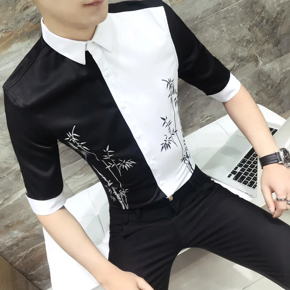 Top Quality Men Shirt 2018 Summer Slim Fit Casual Patchwork Social Shirts Dress Men Half Sleeve