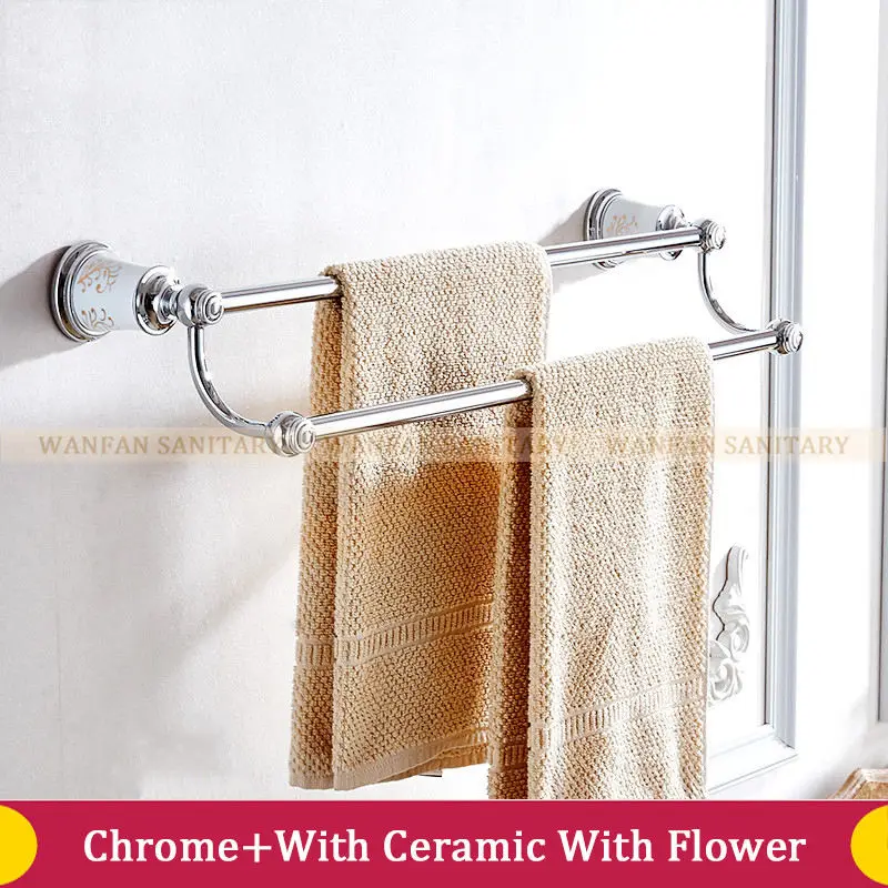 Chrome With Flower Латунные Вешалки для полотенец двойные рельсы латунная Золотая полка для ванной держатель для полотенец вешалки для хранения настенные аксессуары для ванной комнаты - Цвет: Chrome With Flower