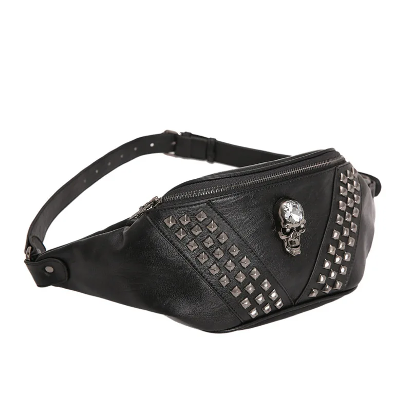 Annmouler поясная сумка унисекс из искусственной кожи в стиле панк для путешествий, сумка для телефона, поясная сумка для женщин и мужчин, сумка на плечо с черепом, модная сумка на бедрах - Цвет: black