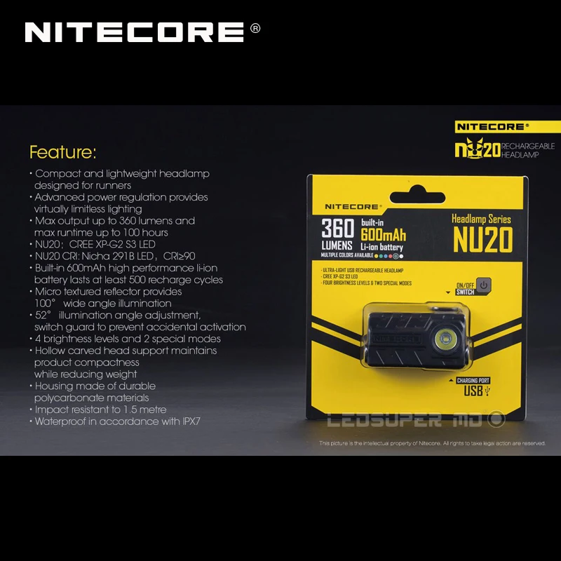 Nitecore NU20 CREE XP-G2 S3 светодиодный 360 люмен легкий перезаряжаемый портативный налобный фонарь для бегунов