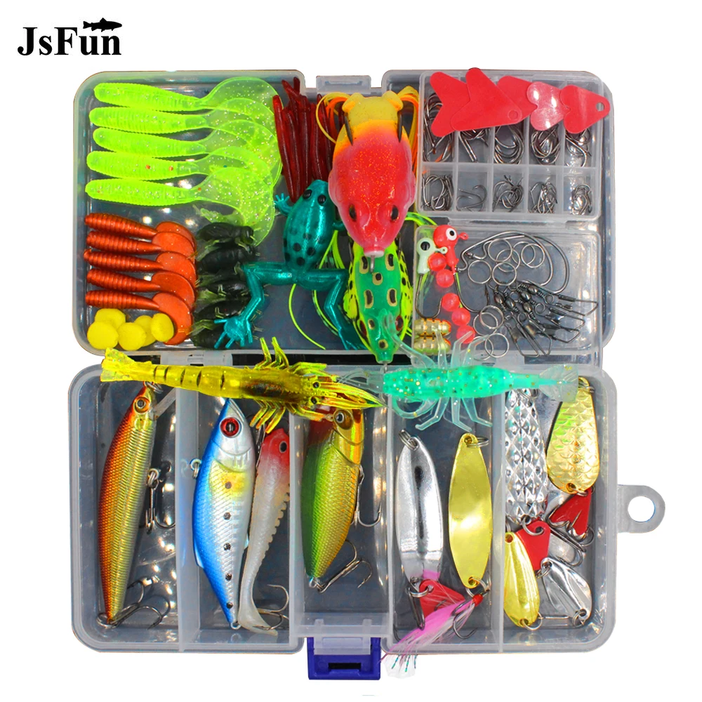 

JSFUN 147Pcs/set Fishing Lure Kit All Water Mixed Soft Lure Frog Lure Spoon bait Fishing Tackle Accessories In storage box FU261