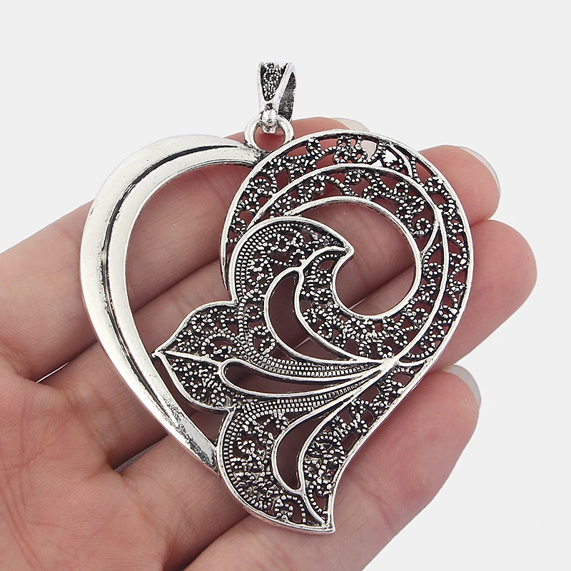 

5pcs Large Antique Silver Tone Hollow Lily Flower Heart Filigree Charms Pendants Jewelry Findings 65*61mm