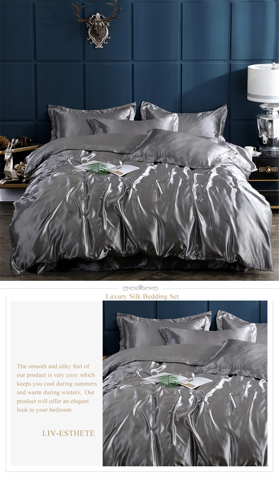 Liv Esthete Luxury Gray Satin Silk Bedding Set Silky Duvet Cover