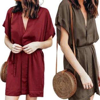 

Casual V Neck Dresses High Waist Sukienka Sexy Slim Short Sleeve Solid Club Party Mini Dresses Kimono Women Robe Femme Ete 2019