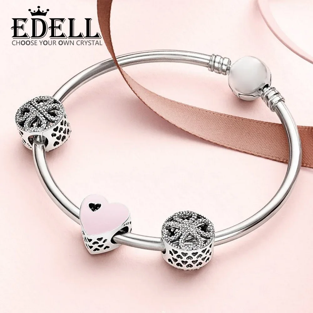 

EDELL 100% 925 Sterling Silver 1:1 SWEET LOVE HEART CHARM Petals of Love Four-leaf Clover Beaded Bracelet Bangle Gift Set