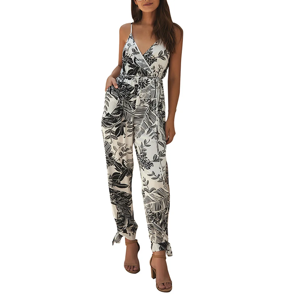 Womail Jumpsuits For Women New Fashion Sleeveless Ladies V-Neck Tie Waist Leaf Print Zomer Beach Casual Long Jumpsuit Jun14