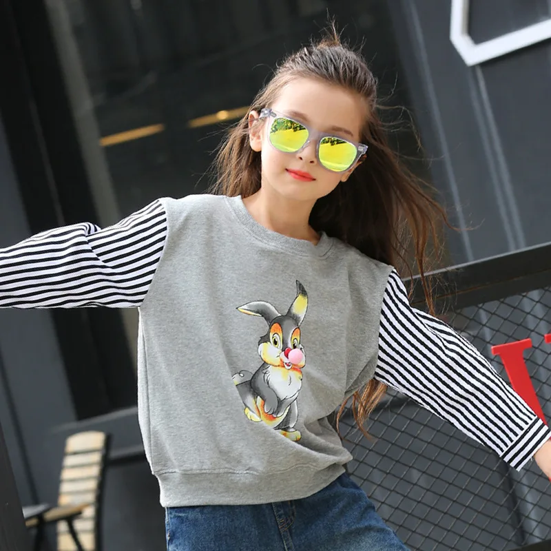 

Girls Autumn Spring New Korean Stitching Stripe Long Sleeve T-shirts Kids Clothing Red Grey Cartoon Rabbit Printing Cotton