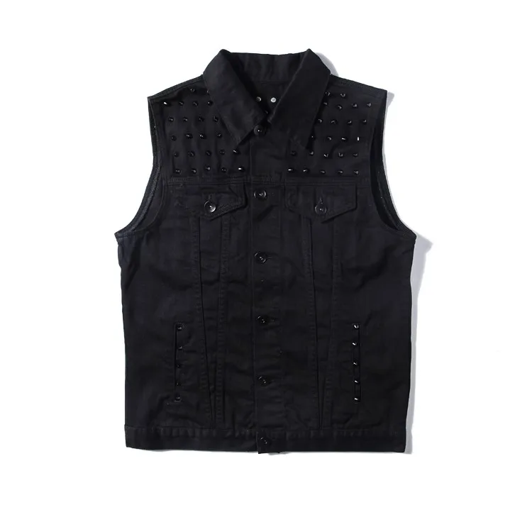 

men slim fit solid black rivet denim vest sleeveless denim jacket
