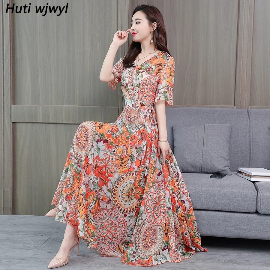 

2019 Elegant Floral Chiffon Boho Maxi Dress Summer Vintage 4XL Plus Size Print Beach Midi Sundress Women Bodycon Party Vestidos