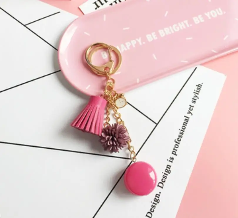 Модный милый Макарон брелок для ключей с кожаными кисточками брелок имитация мини торт брелок для женщин сумка Подвеска Украшения Подарки - Цвет: hot pink