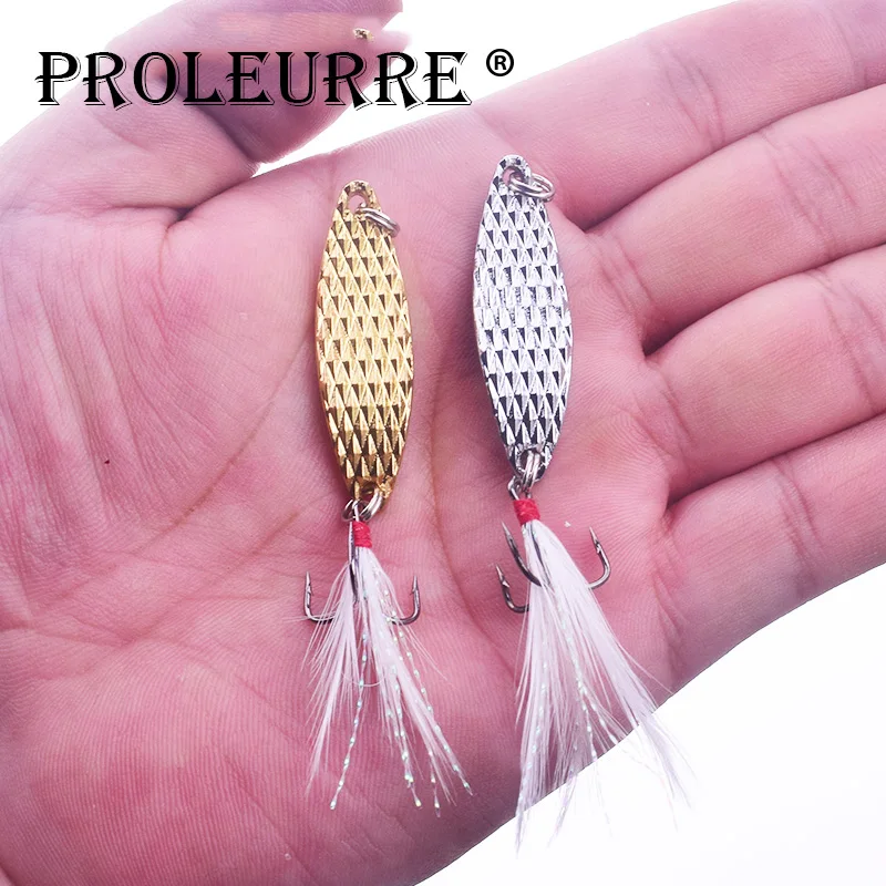 

Proleurre 7g 10g 15g Metal Spinner Spoon Fishing Lure Hard Baits Sequins Noise Paillette with Feather Treble Hook Fishing Tackle