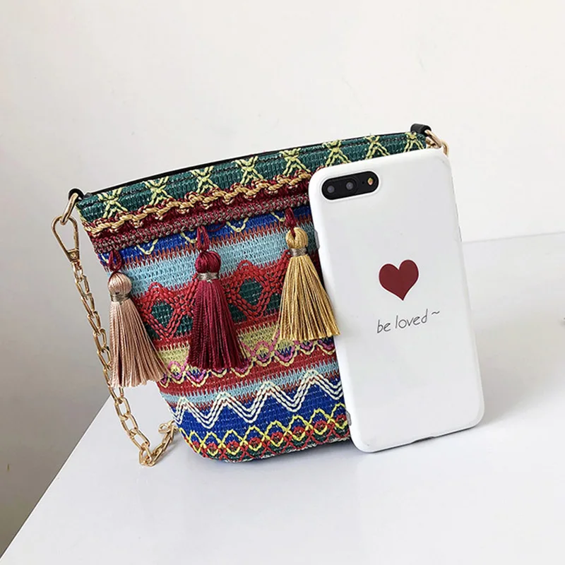 Summer Women Tassel Casual Straw Bags INS Popular Female Handbag Fashion Lady Chains Shoulder Bag Holiday Weave Crossbody SS3288 (10)
