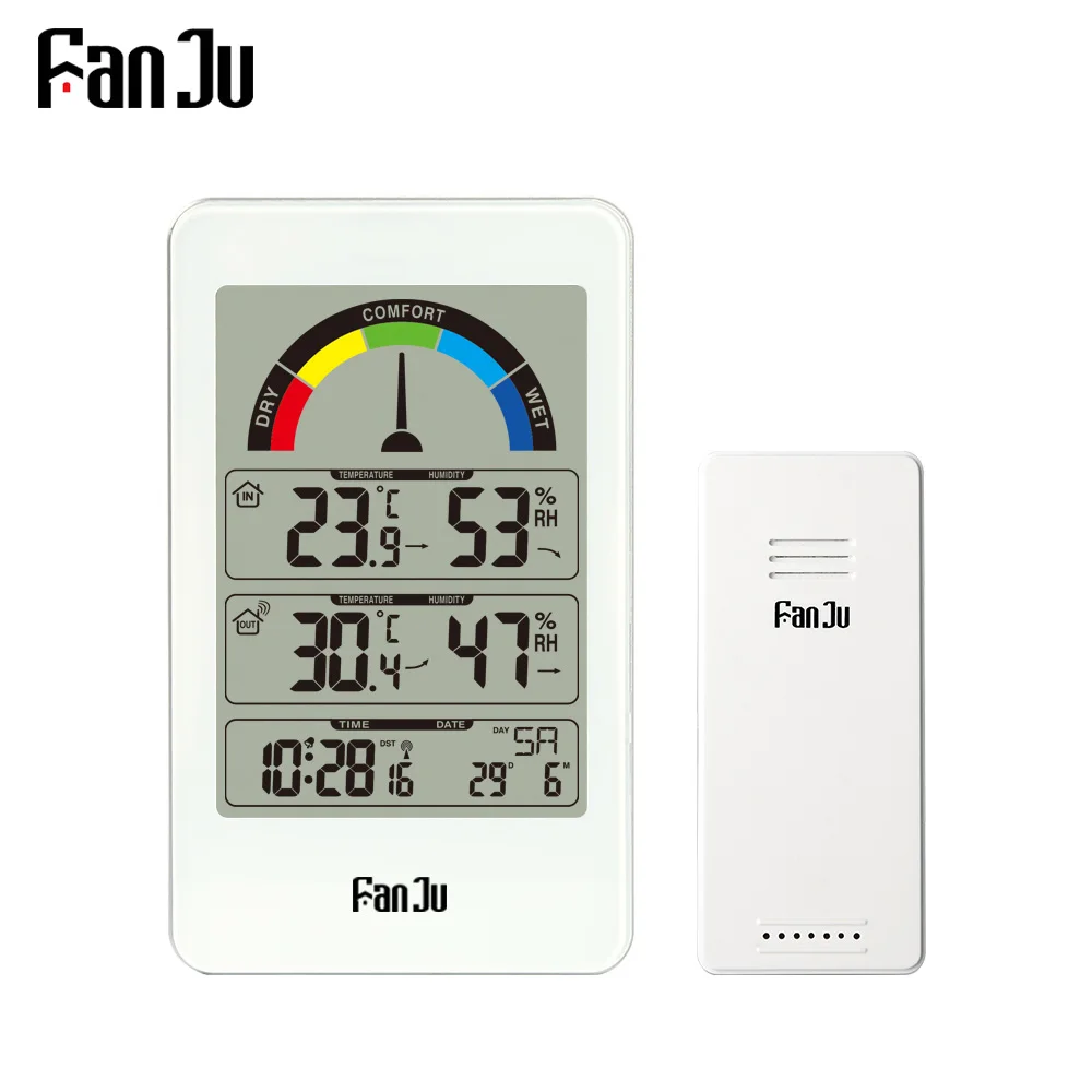 

FanJu FJ3356 weather Station Thermometer Digital Alarm Clock Wall Outdoor Indoor Street Electronic hygrometer Comfort Indication