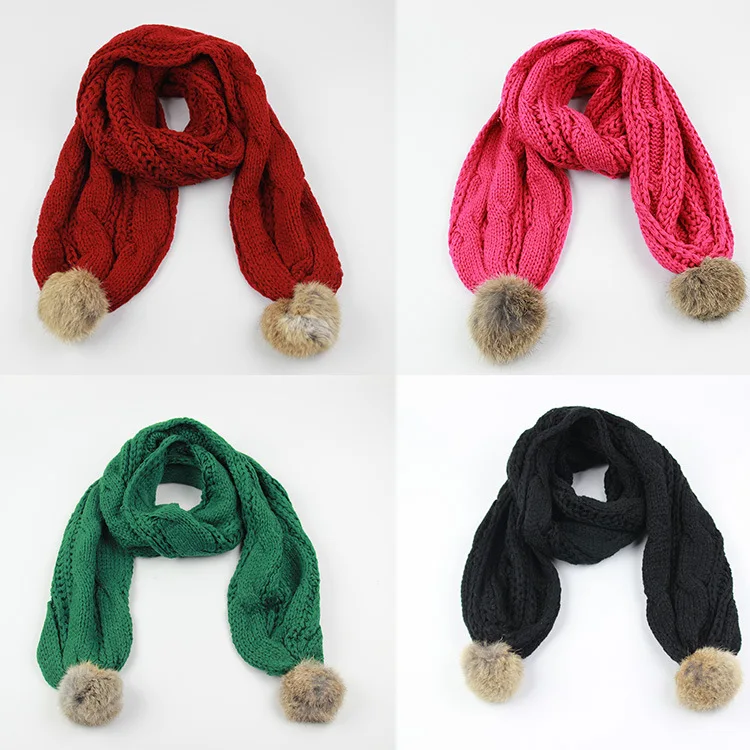 new winter children solid fashion diagonal cotton knitted scarf rabbit ball really scarves warm