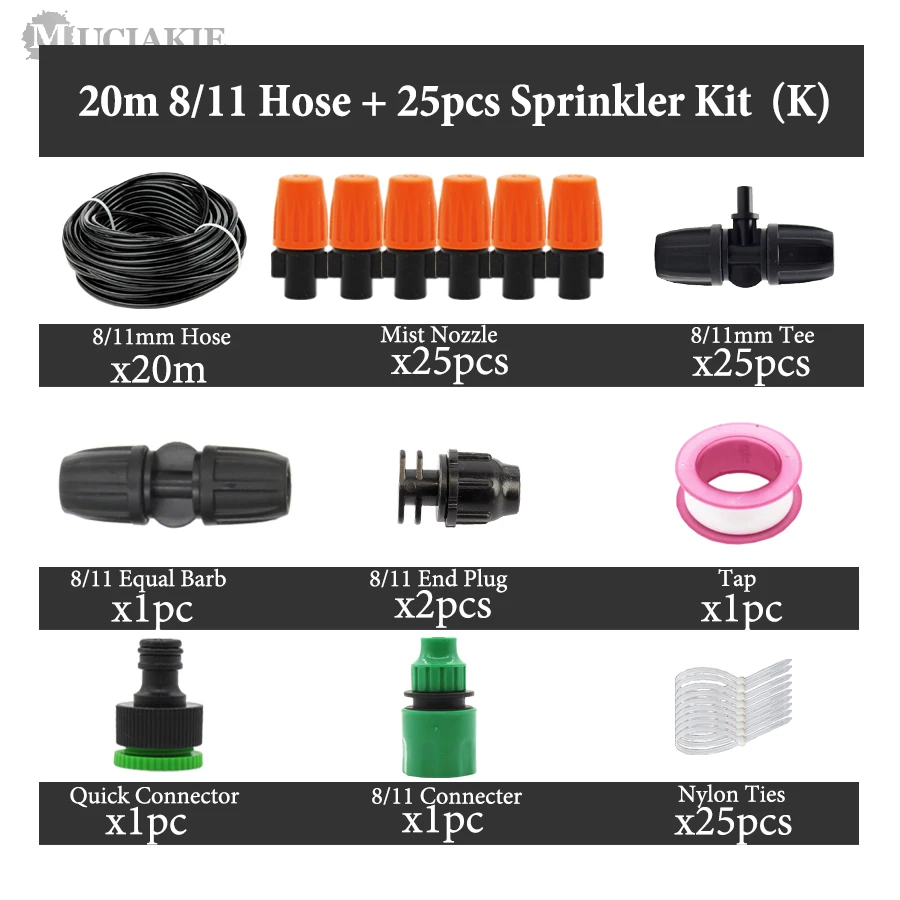 MUCIAKIE регулируемое оранжевое запотевание ирригационная система полива набор 8/11 4/7 шланг сопло тройник Eng разъем соединительные фитинги - Цвет: Kx20Mx25Nozzle