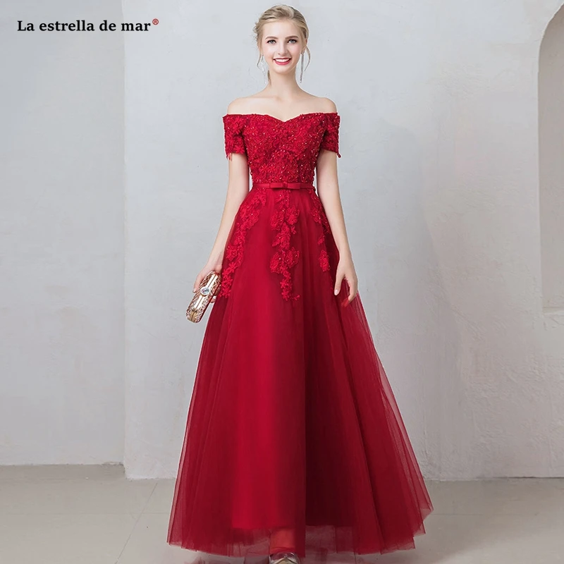 Vestidos para bodas invitadas Тюль Кристалл с открытыми плечами короткий рукав линия Бордовые Платья для подружки невесты Длинные Дешевые brautjun