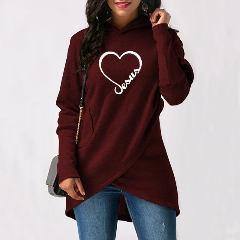 Women Hoodies Sweatshirts 2019 New Love Heart Jesus Faith Print Long Sleeve Hoodies Christmas Warm