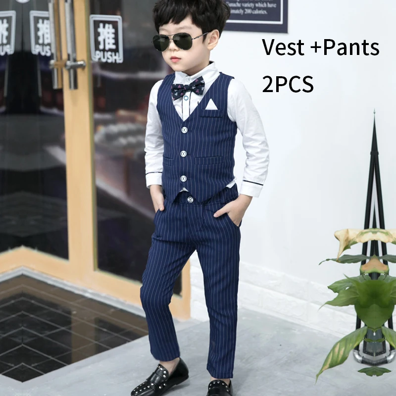 Blue 2 PCS Коллекция года, костюм для свадебного торжества для мальчиков, жилет, рубашки, штаны, деловой костюм из 3 предметов для мальчиков, костюмы в полоску, наряд для фортепиано, одежда для свадьбы, вечеринки - Цвет: Blue 2 PCS