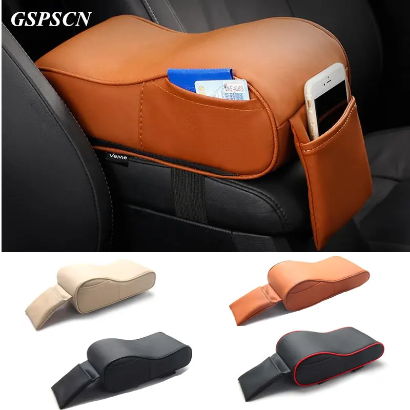 Beige GSPSCN Center Console Armrest Pillow Pad Soft Memory Foam Pu Leather with Storage Bags and Phone Pocket Vehicle Armrest Cushion