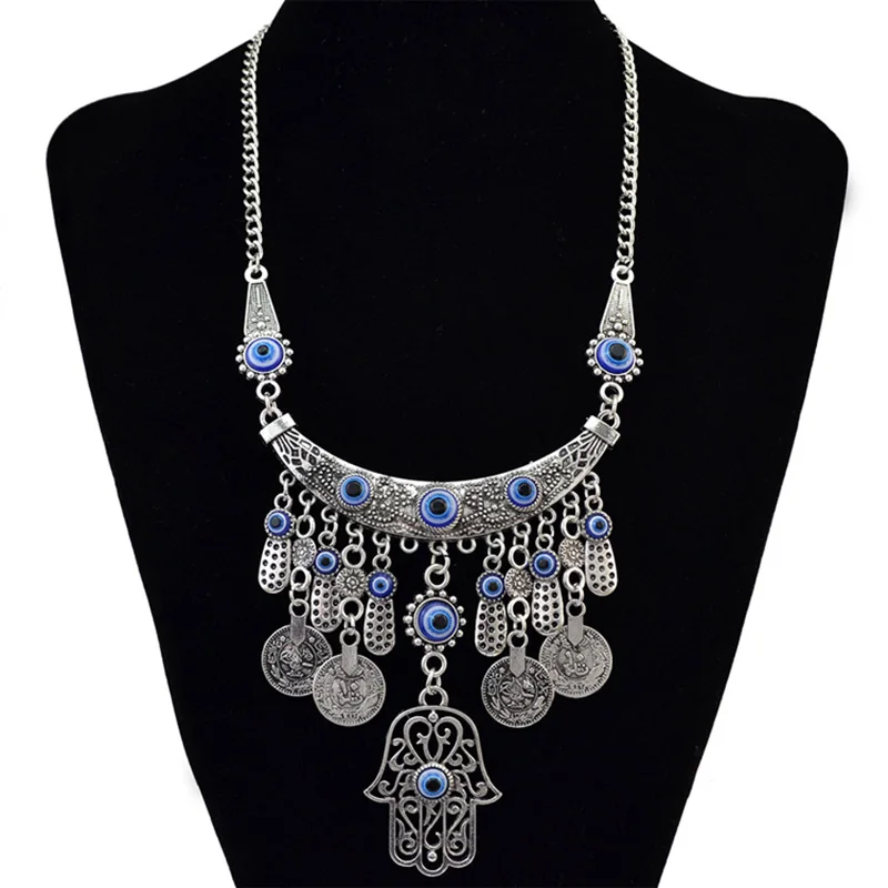 

Bohemian Vintage Coin Necklace Fatima Hand Pendant Women Ethnic Retro Silver Plated Long Necklaces&Pendants Fashion Jewelry
