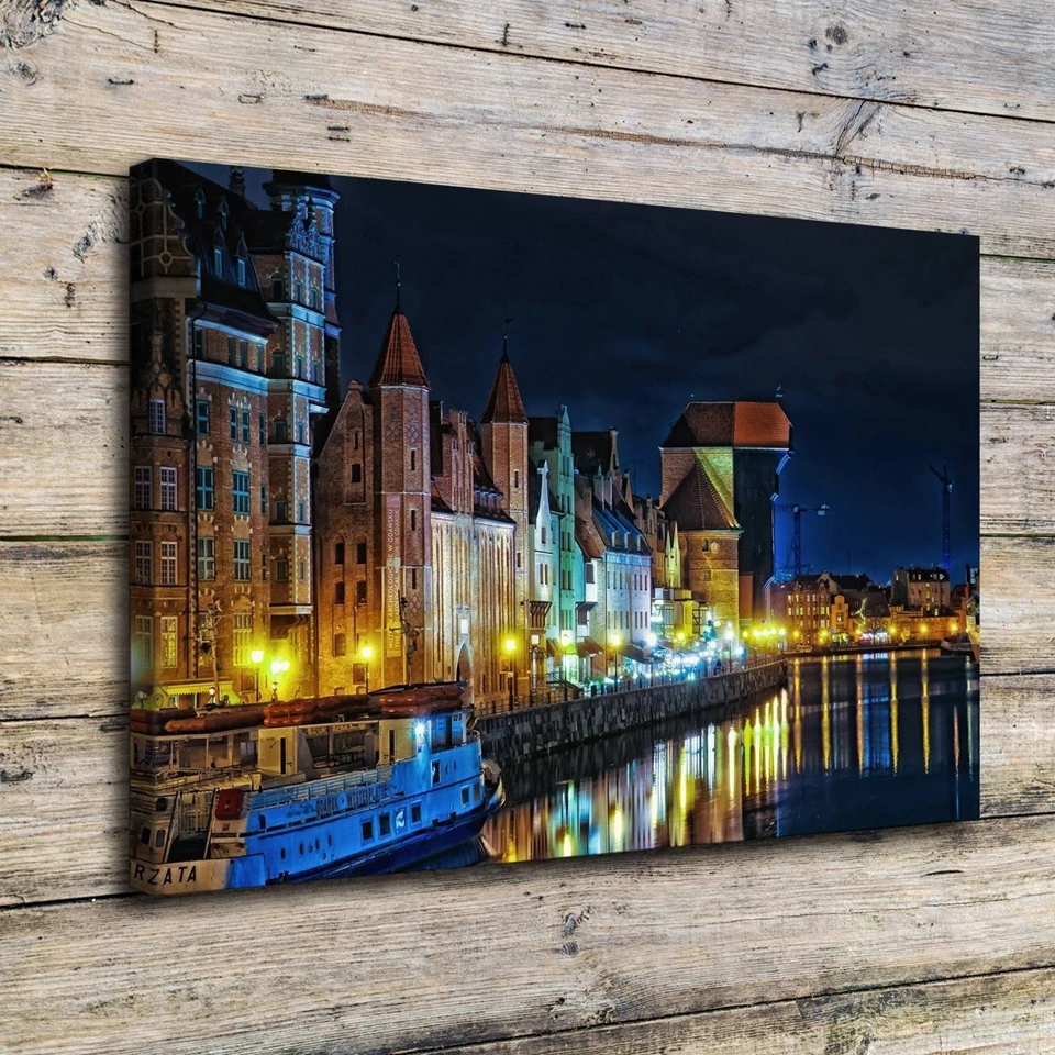 

Wall Art Canvas Painting Frame 1 Piece Poland Houses Rivers Gdansk Night Street Lights City Pictures Prints Poster Home Decor