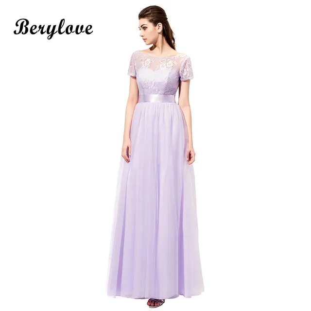 Berylove Cheap Lavender Bridesmaid Dresses With Sleeves Tulle Lace
