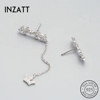 

INZATT Asymmetry Boho Zircon Crystal Dangle Crown Drop Earrings 925 Sterling Silver Metal Chain Tassel Fine Jewelry For Women