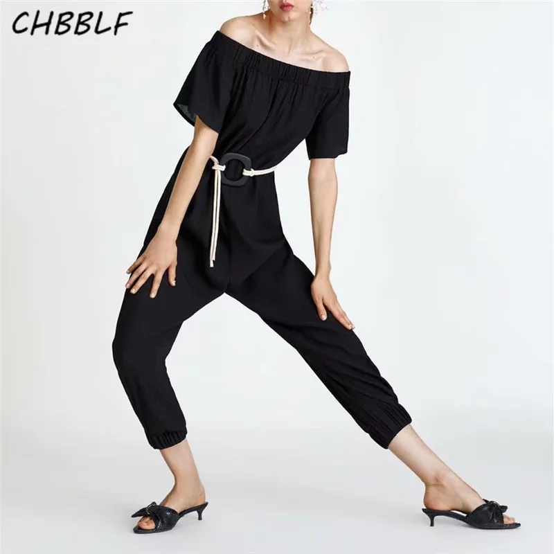 

CHBBLF women stylish solid slash neck jumpsuits short sleeve sashes design elegant female casual chic playsuits CDC9218