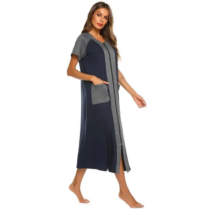 Ekouaer Для женщин длинная ночная рубашка, одежда для сна, Повседневное с О-образным вырезом короткий рукав контраст Цвет прямые свободные рубашки одежда для сна Женская