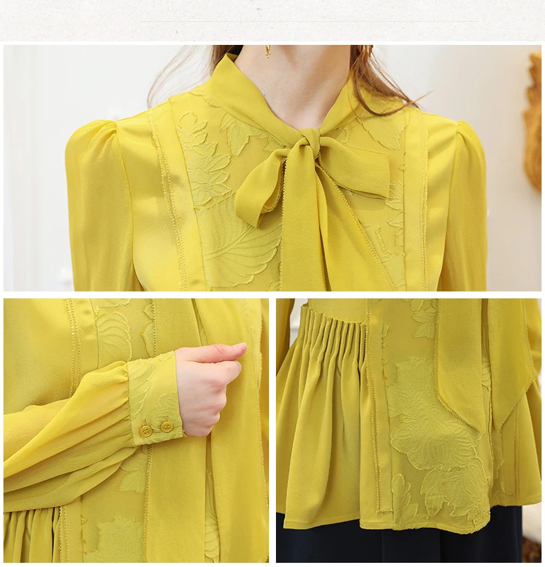 VOA вышивка шелковая блузка плюс Размеры Для женщин топы желтый с бантом из ленты Туника Базовая футболка пуловер с длинными рукавами