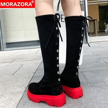 

MORAZORA 2020 new arrival suede leather knee high boots women rivet lace up autumn winter boots female flat platform shoes