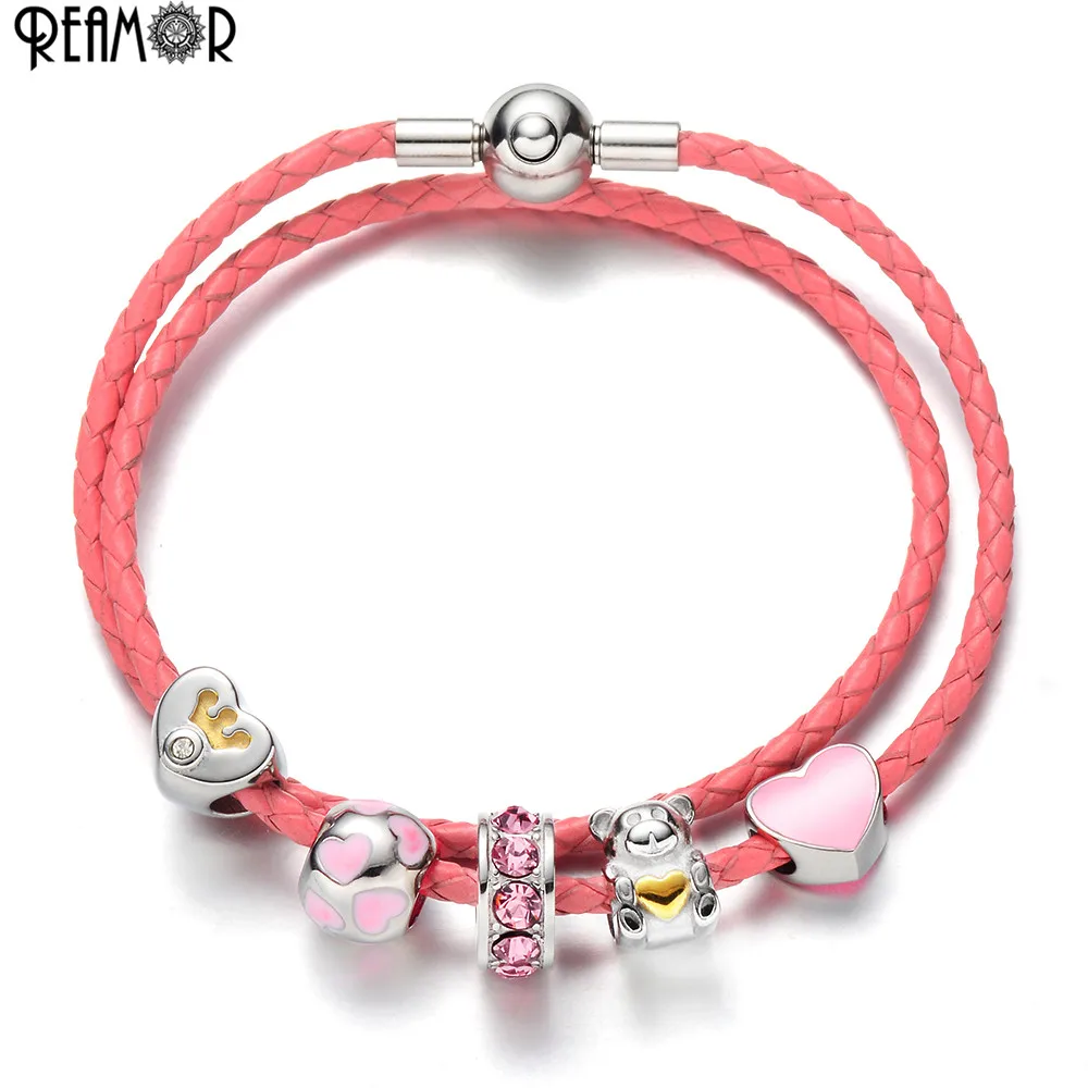 

REAMOR Pink Genuine Leather Rope Chain Beaded Women Bracelets Heart Beads Charm Bracelet Fashion Bear Beads Bracelet For Lover