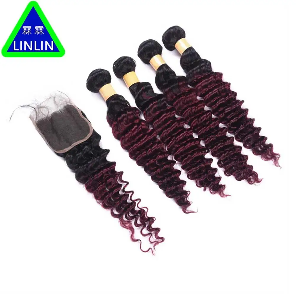 

LINLINT1B/99J Vietnamese Deep Wave Bundles With Closure Red Wine Color Human Hair Curly 4 Bundles With Lace Closure Hair Rollers