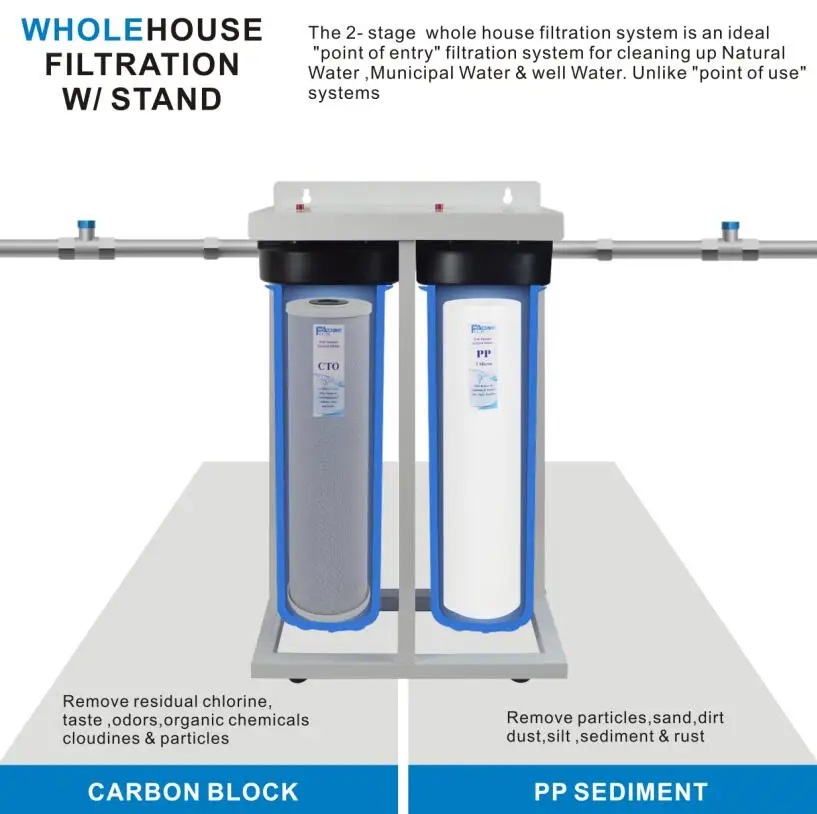 2-ступенчатый весь дом фильтрации воды Системы 1 дюйм латунный порт с подставкой, 2" Big Blue осадков, карбоновый блок фильтрует солнечные лучи и не ключ, дюймовый стандарт
