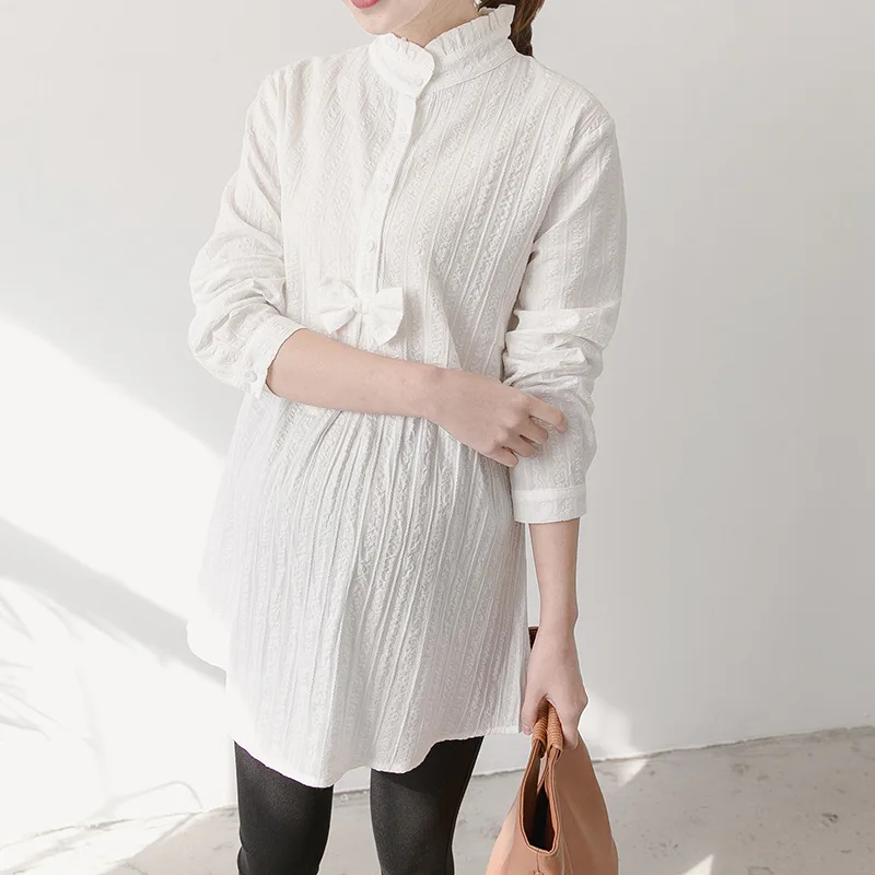 

2018 Spring And Autumn New White Bow Long-sleeved Pregnant Women's Shirt Pregnancy Blouse Shirt Pregnant Maternity Clothes