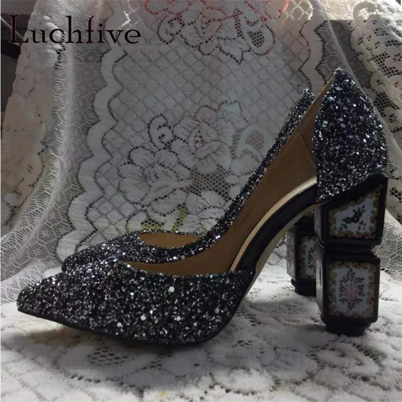 

Sequins Printed Strange High Heels Women Pumps Pointy Toe Slip On Shoes Woman Silver Black Glitter Runaway Zapatos Mujer