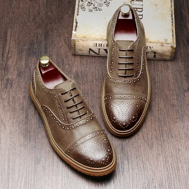 High end Mens Retro Brogue Shoes Genuine Leather Round Toe Lace Up Craved Oxfords British Style