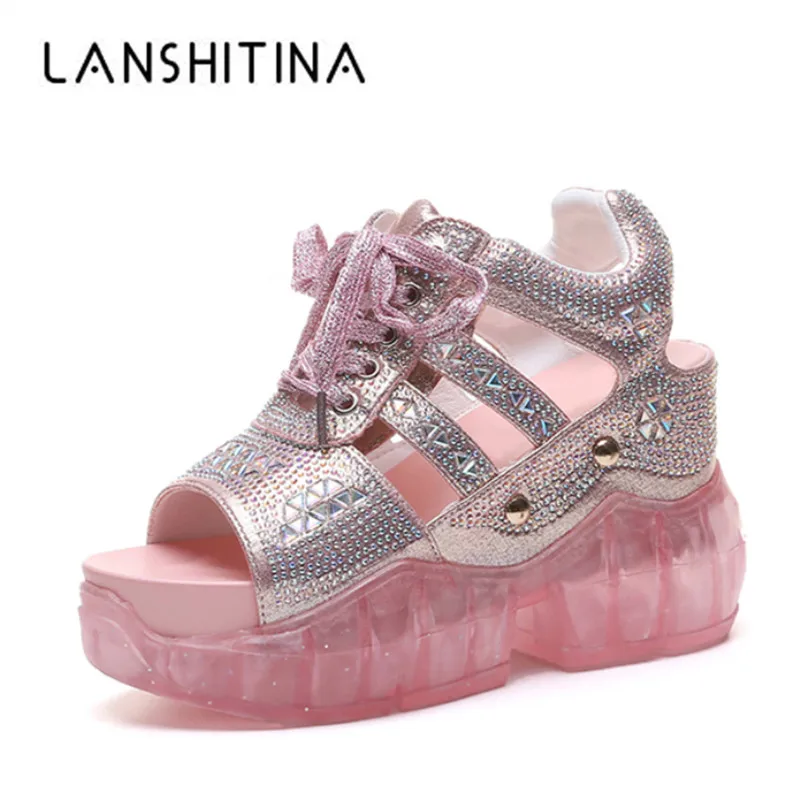 

Woman Sandals 2019 Summer Bling Rhinestone Beach Sneakers Sweet Girls Wedges Platform Sandals Women 10CM High Heel Sandals Pink